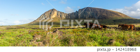 Iconic Ahu Tongariki Moai Statues Standing in a Row by the Ocean on Easter Island, Valparaiso, Chile. Banner Web, Copy Space 142418968