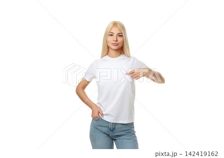 Woman wearing a white t-shirt while posing in a studio, isolated, PNG 142419162