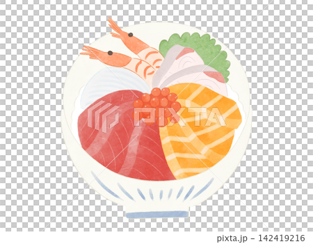 Cute and relaxed illustration of a seafood rice bowl (watercolor style) Cute and relaxed illustration of a seafood rice bowl (watercolor style) 142419216