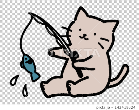 一幅可愛的手繪插圖,描繪了一隻貓咪享受釣魚的樂趣。 一幅可愛的手繪插圖,描繪了一隻貓咪享受釣魚的樂趣。 142419324