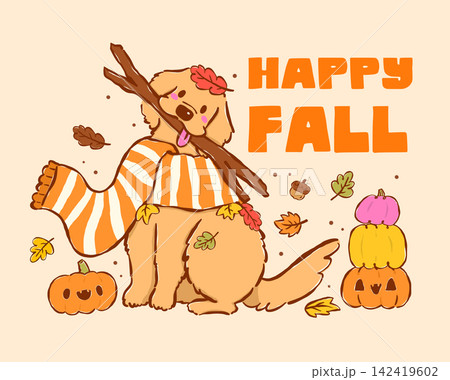 Cute Autumn Golden Retriever Dog with Wood Branch Stick and Fall Leaves Cartoon Character, Hand Drawn Playful Happy Puppies 142419602