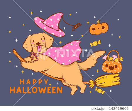 Cute Halloween Golden Retriever Dog Witch Flying with Broomstick Cartoon Character, Hand Drawn Playful Happy Puppies Cute Halloween Golden Retriever Dog Witch Flying with Broomstick Cartoon Character, Hand Drawn Playful Happy Puppies 142419605