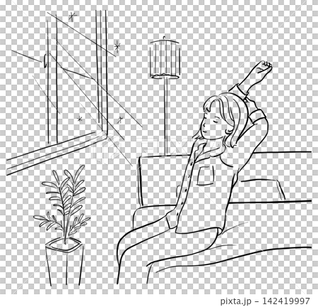 A woman sitting on a bed, basking in the morning sun and taking a deep breath. (1 color) A woman sitting on a bed, basking in the morning sun and taking a deep breath. (1 color) 142419997