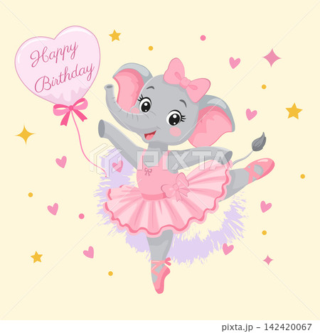 A cute baby elephant ballerina holding a pink heart-shaped balloon the inscription Happy Birthday. A cute baby elephant ballerina holding a pink heart-shaped balloon the inscription Happy Birthday. 142420067