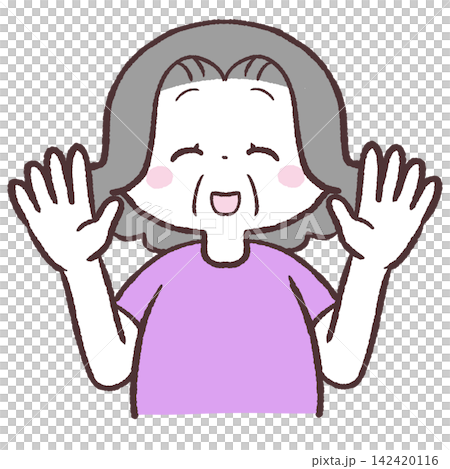 顔の横で両手を広げるシニア女性のイラスト 142420116