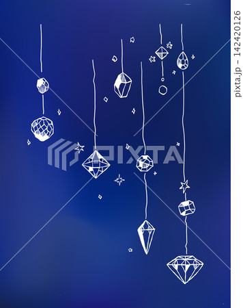 糸で吊るされた手描き風の様々な宝石と星のオーナメント線画ベクターイラスト 142420126