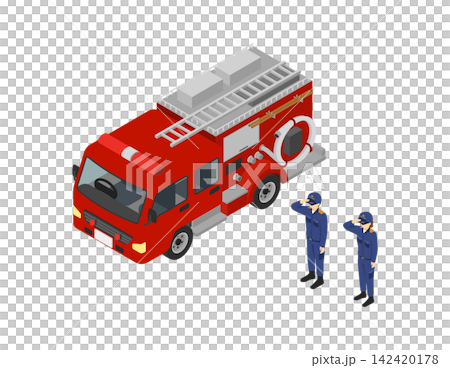 等距插圖：消防車和消防員 142420178