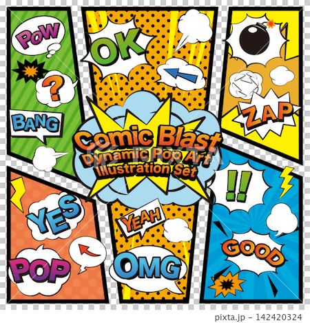 American comic book illustration set: speech bubbles, speed lines, sound effects, symbols, and pop design elements. American comic book illustration set: speech bubbles, speed lines, sound effects, symbols, and pop design elements. 142420324