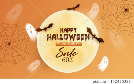 Happy Halloween sale banner special offer 60% off with spooky ghosts, flying bats, spider webs and full moon on orange background. Vector illustration template. Happy Halloween sale banner special offer 60% off with spooky ghosts, flying bats, spider webs and full moon on orange background. Vector illustration template. 142420388