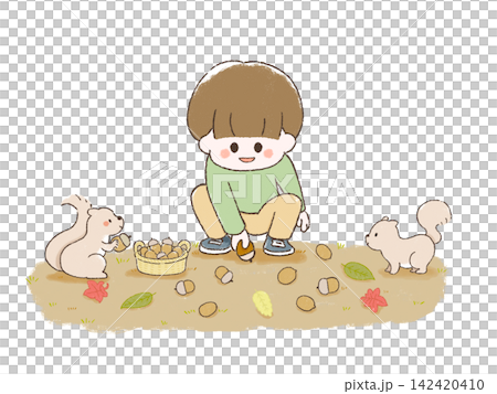 孩子們和松鼠一起撿橡實。 142420410