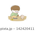 どんぐりの収穫に喜ぶこどもとリス 142420411