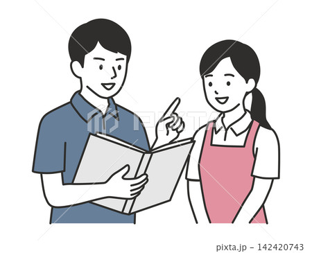 資料を見ながら申し送りや打ち合わせをする男女の介護士のイラスト 資料を見ながら申し送りや打ち合わせをする男女の介護士のイラスト 142420743