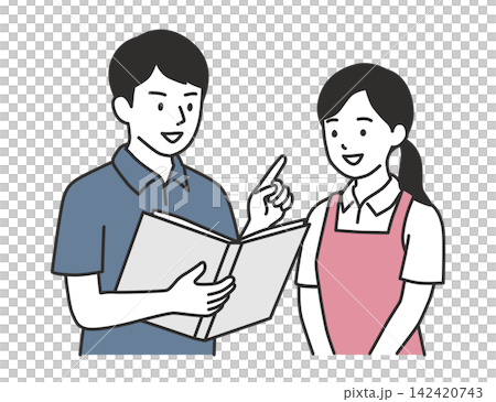 資料を見ながら申し送りや打ち合わせをする男女の介護士のイラスト 資料を見ながら申し送りや打ち合わせをする男女の介護士のイラスト 142420743