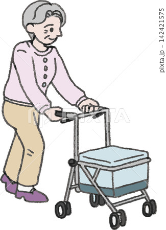 歩行車を押して散歩する笑顔のシニア女性のイラスト 歩行車を押して散歩する笑顔のシニア女性のイラスト 142421575