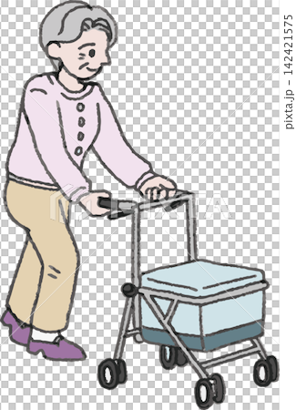 歩行車を押して散歩する笑顔のシニア女性のイラスト 歩行車を押して散歩する笑顔のシニア女性のイラスト 142421575