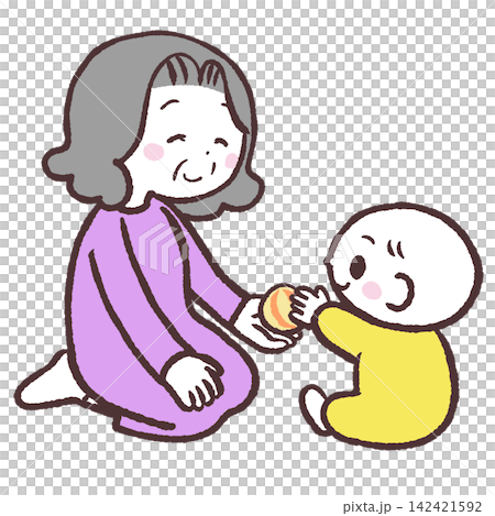 一幅插圖,描繪的是一個嬰兒將球遞給一位老婦人。 一幅插圖,描繪的是一個嬰兒將球遞給一位老婦人。 142421592