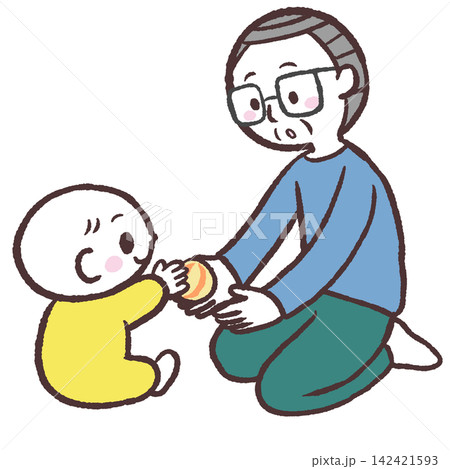 赤ちゃんがシニア男性にボールを渡すイラスト 赤ちゃんがシニア男性にボールを渡すイラスト 142421593