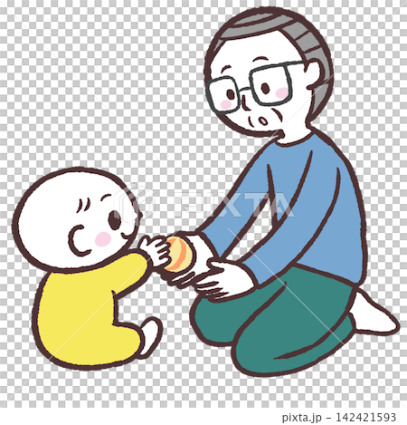 赤ちゃんがシニア男性にボールを渡すイラスト 赤ちゃんがシニア男性にボールを渡すイラスト 142421593