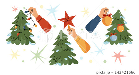 Hands decorating Christmas tree collection vector set Hands decorating Christmas tree collection vector set 142421666