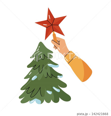 Hand putting red star topper on Christmas tree vector 142421668