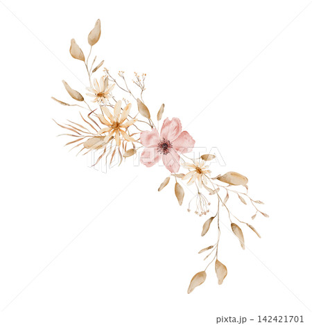 Hand painted watercolor diagonal composition with dusty pink poppy flower, cream daisies, dried beige leaves, small seed pods and thin twigs in warm terracotta tan palette isolated on white background Hand painted watercolor diagonal composition with dusty pink poppy flower, cream daisies, dried beige leaves, small seed pods and thin twigs in warm terracotta tan palette isolated on white background 142421701