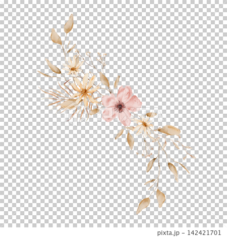 Hand painted watercolor diagonal composition with dusty pink poppy flower, cream daisies, dried beige leaves, small seed pods and thin twigs in warm terracotta tan palette isolated on white background Hand painted watercolor diagonal composition with dusty pink poppy flower, cream daisies, dried beige leaves, small seed pods and thin twigs in warm terracotta tan palette isolated on white background 142421701