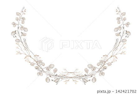 Hand painted watercolor U shaped frame border of translucent lunaria seed pods, dried grasses, slender beige twigs and tan sprigs in muted brown palette isolated on white background with copy space Hand painted watercolor U shaped frame border of translucent lunaria seed pods, dried grasses, slender beige twigs and tan sprigs in muted brown palette isolated on white background with copy space 142421702