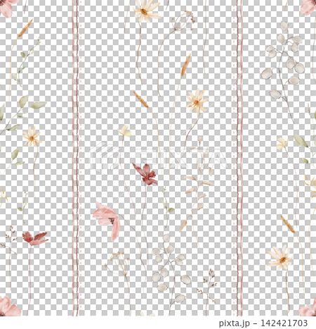 Watercolor Botanical Vertical Striped Seamless Pattern with Daisies, Wheat, Lunaria Pods and Wildflowers with Decorative Dashed Borders on White Background. Muted pastel colour Scandinavian or boho Watercolor Botanical Vertical Striped Seamless Pattern with Daisies, Wheat, Lunaria Pods and Wildflowers with Decorative Dashed Borders on White Background. Muted pastel colour Scandinavian or boho 142421703
