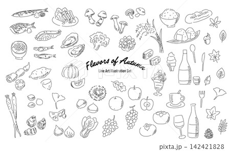 秋の収穫と食材コレクション、きのこ・果物・野菜・和洋スイーツの線画 秋の収穫と食材コレクション、きのこ・果物・野菜・和洋スイーツの線画 142421828