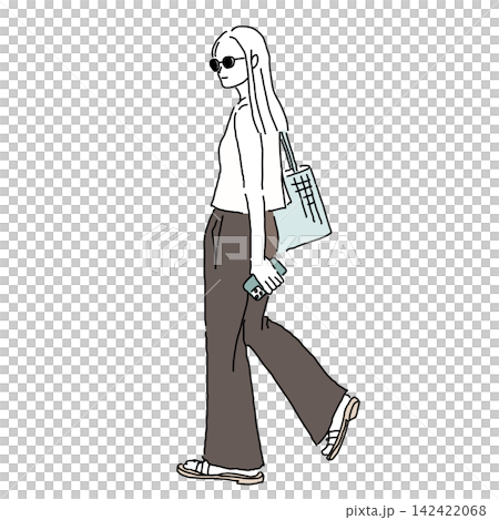 ノースリーブトップスとフレアパンツの夏コーデ バスケットトートを持つ女性ファッションイラスト ノースリーブトップスとフレアパンツの夏コーデ バスケットトートを持つ女性ファッションイラスト 142422068