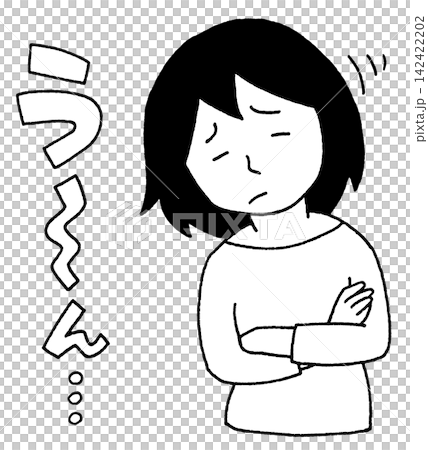 う~んと唸って悩む女性 モノクロ う~んと唸って悩む女性 モノクロ 142422202