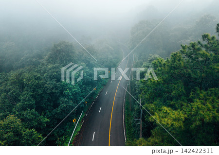Atmospheric view of a winding road with yellow warning signs cutting through a dense misty pine forest on the scenic Chiang Mai to Pai route in Northern Thailand. Atmospheric view of a winding road with yellow warning signs cutting through a dense misty pine forest on the scenic Chiang Mai to Pai route in Northern Thailand. 142422311