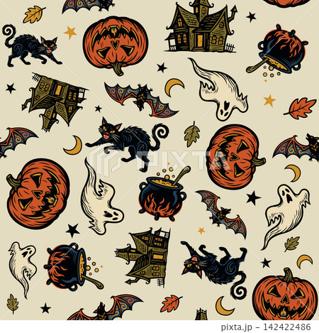 Halloween elements seamless pattern on beige background square template 142422486