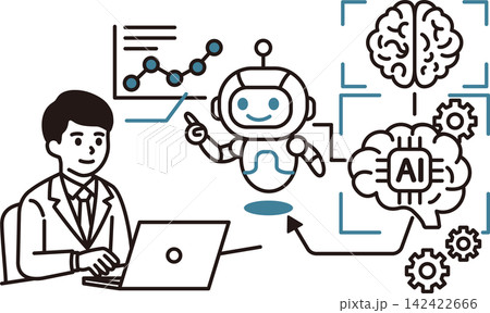 男性とAI　ロボット　パソコン　ビジネス　人工知能　チャットのイメージイラスト 142422666