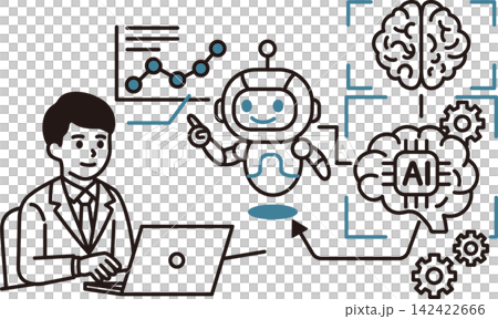 男性とAI　ロボット　パソコン　ビジネス　人工知能　チャットのイメージイラスト 142422666