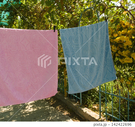 colorful clothespins on a steel fence and drying clothes 142422696