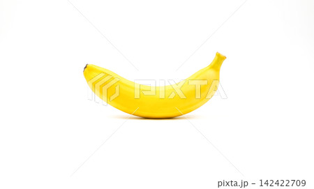 Single ripe yellow sweet banana resting horizontally against pure white studio background offering healthy tropical fruit snack option for daily diet plans Single ripe yellow sweet banana resting horizontally against pure white studio background offering healthy tropical fruit snack option for daily diet plans 142422709