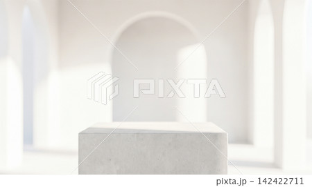 White concrete podium block standing inside bright architectural room featuring classic stone arches illuminated by soft natural sunlight pouring through empty background spaces White concrete podium block standing inside bright architectural room featuring classic stone arches illuminated by soft natural sunlight pouring through empty background spaces 142422711