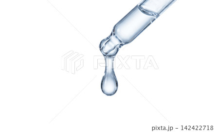 Clear glass pipette holding single heavy water drop falling downward against pure white background isolating transparent liquid cosmetic serum perfectly for commercial medical layouts Clear glass pipette holding single heavy water drop falling downward against pure white background isolating transparent liquid cosmetic serum perfectly for commercial medical layouts 142422718