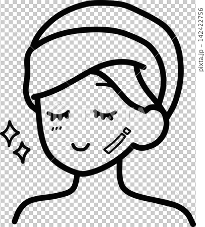 Illustration of a woman with a towel wrapped around her head - Simple line art icon for skincare and beauty. 142422756