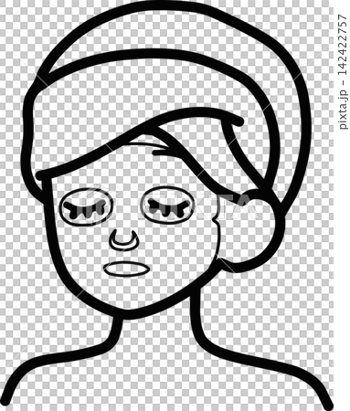 Illustration of a woman with a towel wrapped around her head applying a face mask; simple line art icon for face masks and skincare. Illustration of a woman with a towel wrapped around her head applying a face mask; simple line art icon for face masks and skincare. 142422757
