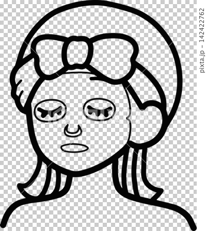 Illustration of a woman with a ribbon-adorned headband applying a face mask; simple icon for face mask/skincare. Illustration of a woman with a ribbon-adorned headband applying a face mask; simple icon for face mask/skincare. 142422762