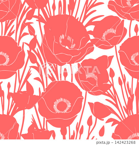Seamless simple floral pattern pink and white with poppies, texture, design 142423268