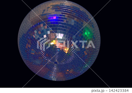 Night dance club. Shiny disco ball, lighting colored ceiling Night dance club. Shiny disco ball, lighting colored ceiling 142423384