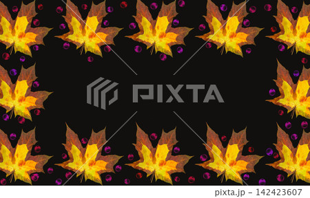 Dark frame with autumn maple leaves and pink drops 142423607