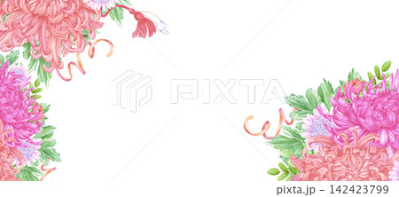 Hand drawn watercolor chrysanthemums bouquet with green leaves ribbons and pearls banner frame border. Illustration of flowers isolated on white background. Can be used for banner, label, scrapbook Hand drawn watercolor chrysanthemums bouquet with green leaves ribbons and pearls banner frame border. Illustration of flowers isolated on white background. Can be used for banner, label, scrapbook 142423799
