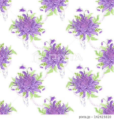 Hand drawn watercolor purple chrysanthemums with columbian flowers and pearls seamless pattern isolated on white background. Can be used for textile, fabric scrapbook and other printed products Hand drawn watercolor purple chrysanthemums with columbian flowers and pearls seamless pattern isolated on white background. Can be used for textile, fabric scrapbook and other printed products 142423810