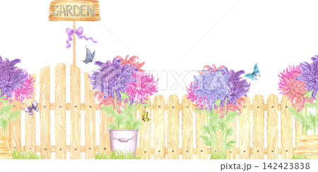 Hand drawn watercolor garden with chrysanthemums and bird house seamless frame border. Illustration of garden isolated on white background. Can be used for textile, scrapbook and other printed Hand drawn watercolor garden with chrysanthemums and bird house seamless frame border. Illustration of garden isolated on white background. Can be used for textile, scrapbook and other printed 142423838