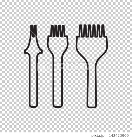 Minimalist line art icon of a 2-prong, 4-prong, and 6-prong pricking iron chisel set for leatherwork. 142423909