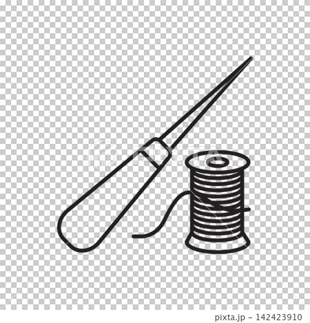 Minimalist line art icon of a sharp stitching awl tool paired with a spool of sewing thread. Minimalist line art icon of a sharp stitching awl tool paired with a spool of sewing thread. 142423910